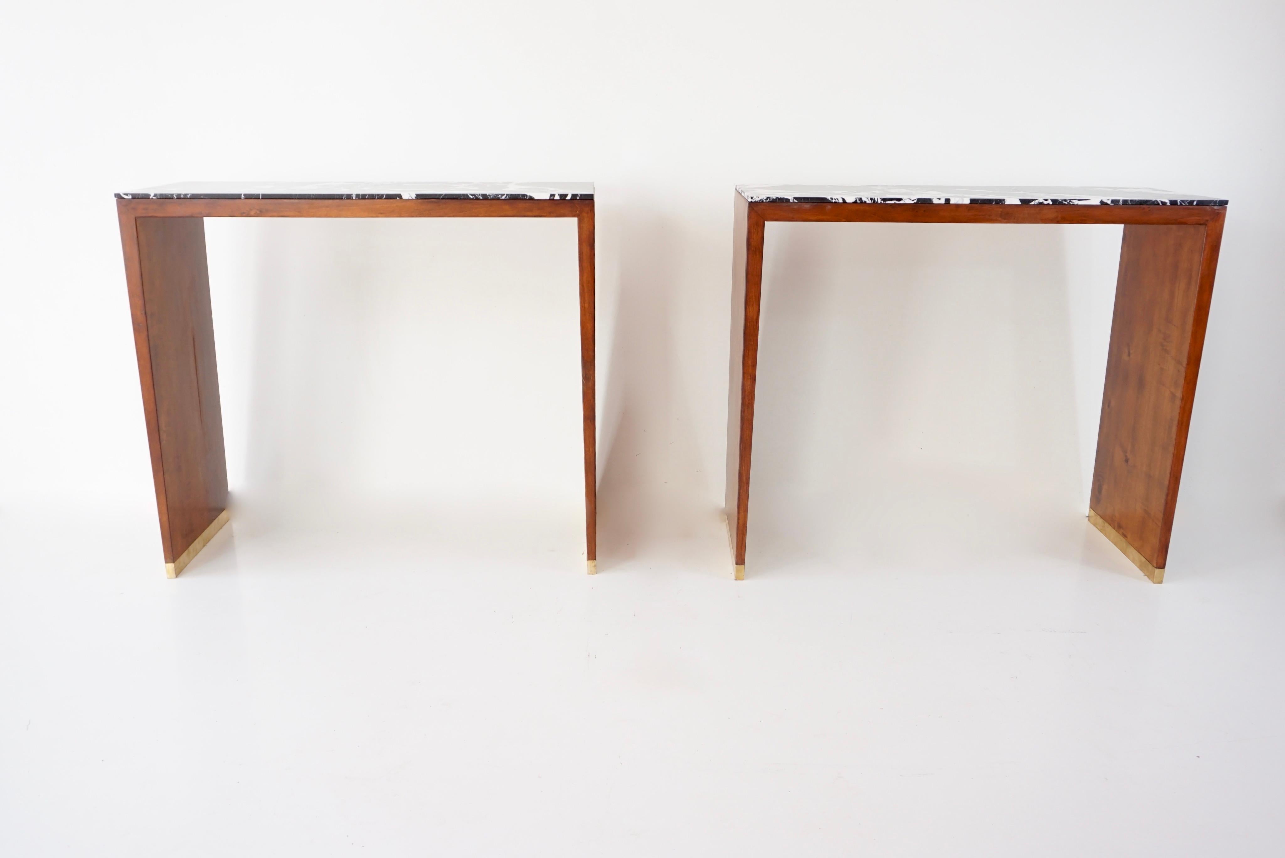 Mid-Century Modern Pair of C&U Lorenzo Ciompi Wood, Brass and Marble Console Tables, Italy, 2022 For Sale