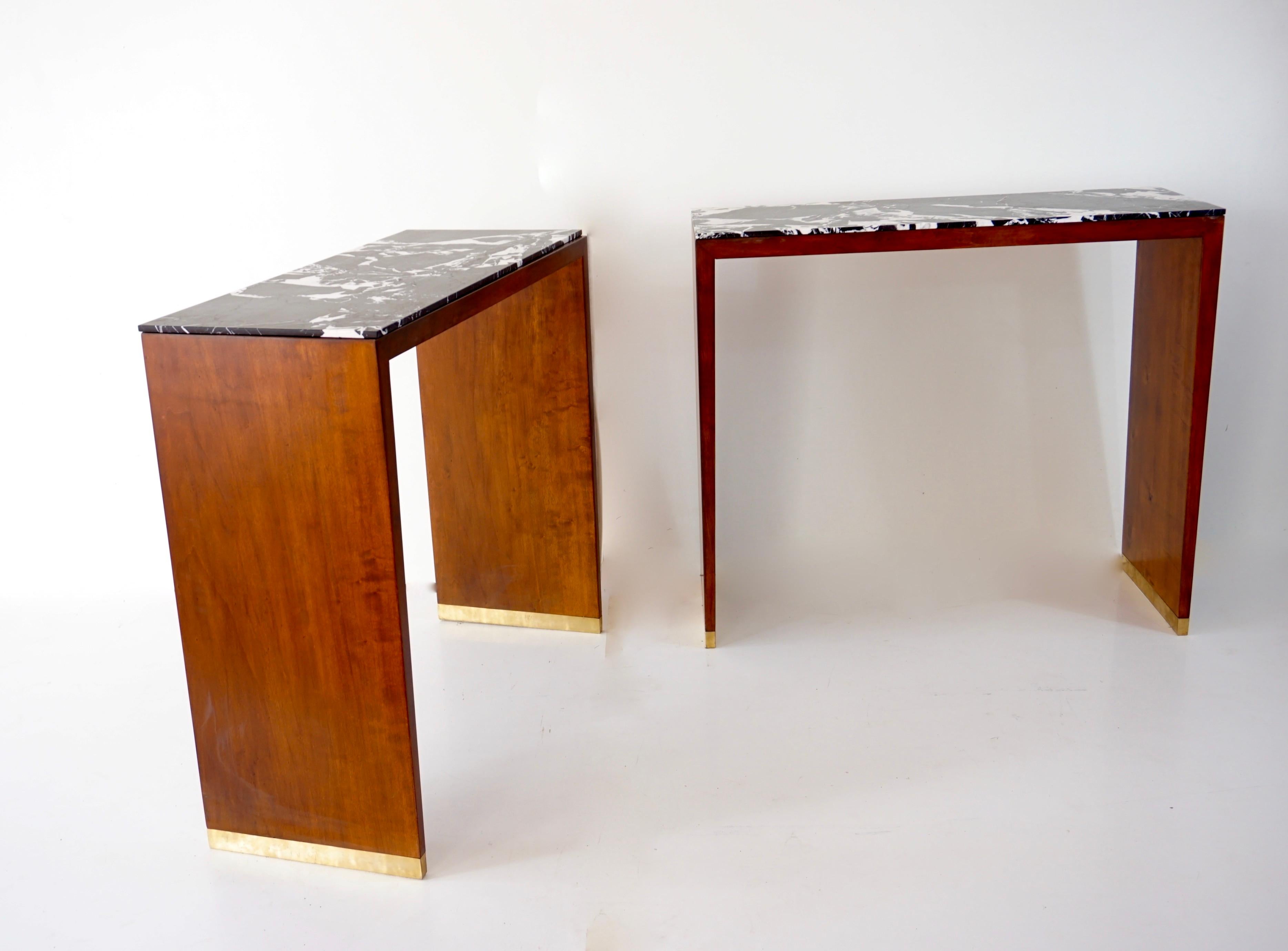 Contemporary Pair of C&U Lorenzo Ciompi Wood, Brass and Marble Console Tables, Italy, 2022 For Sale