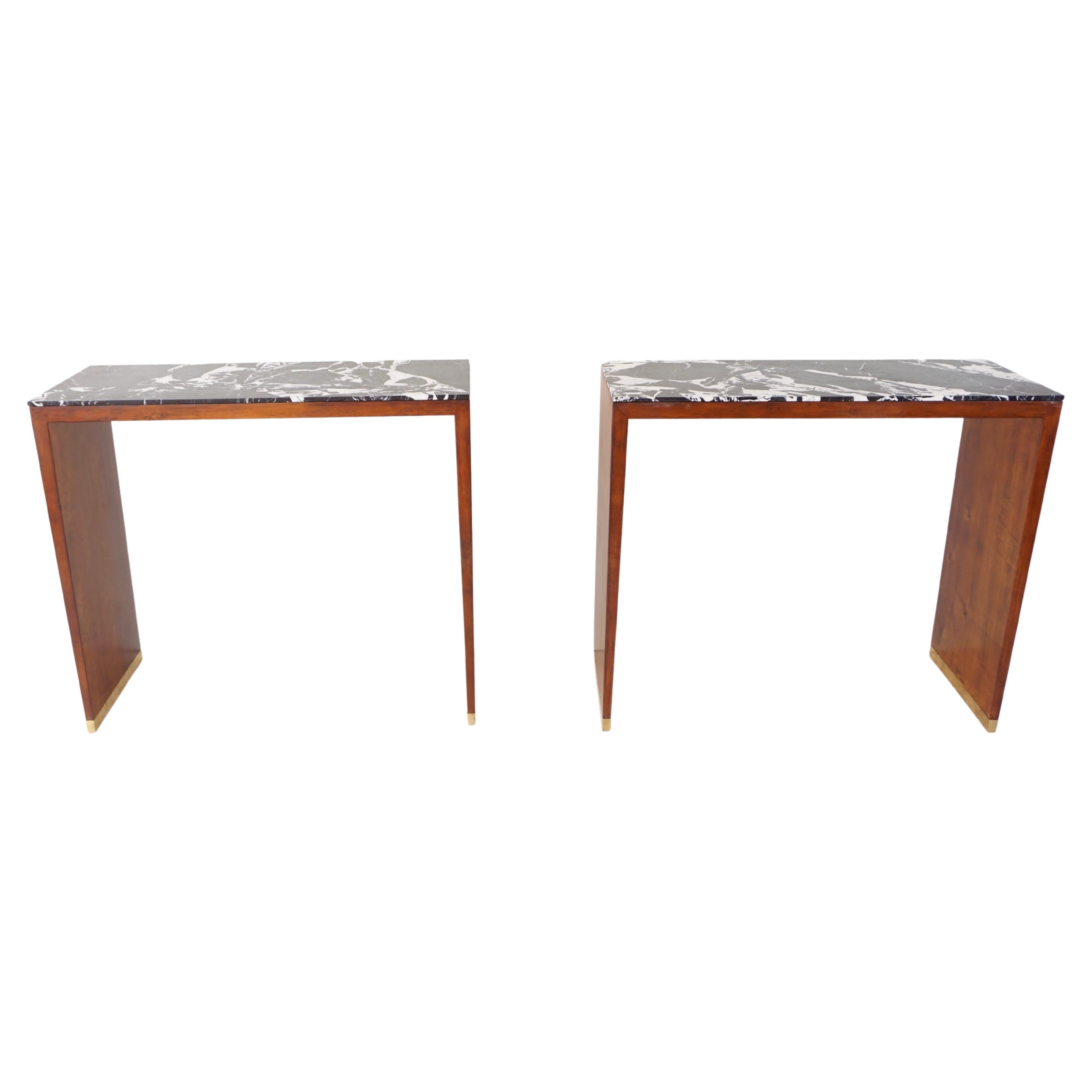 Pair of C&U Lorenzo Ciompi Wood, Brass and Marble Console Tables, Italy, 2022 For Sale