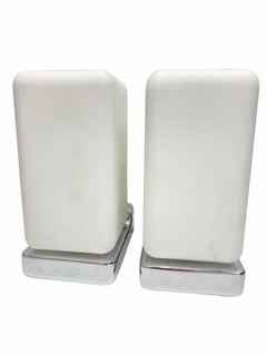 Pair of Cube Bauhaus Style Milk Glass Chrome Base Sconces, 1960s