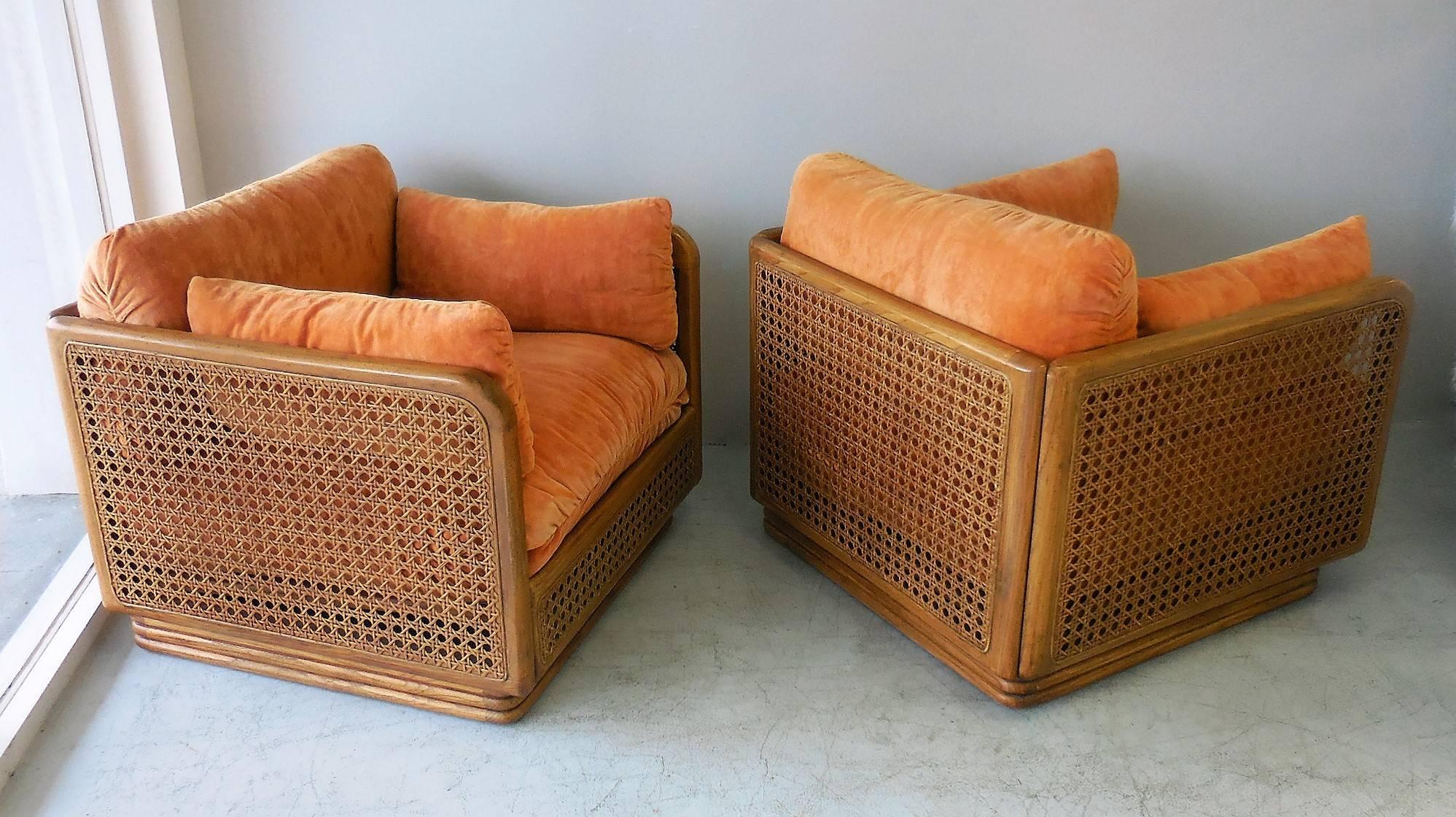 American Pair of Cube Cane Modern Club Lounge Chairs, 1970s
