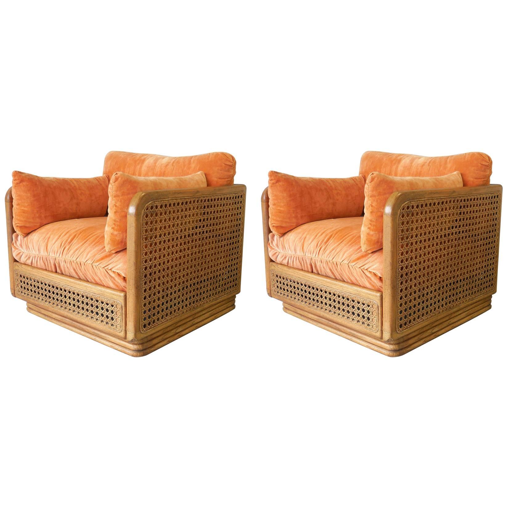 Pair of Cube Cane Modern Club Lounge Chairs, 1970s