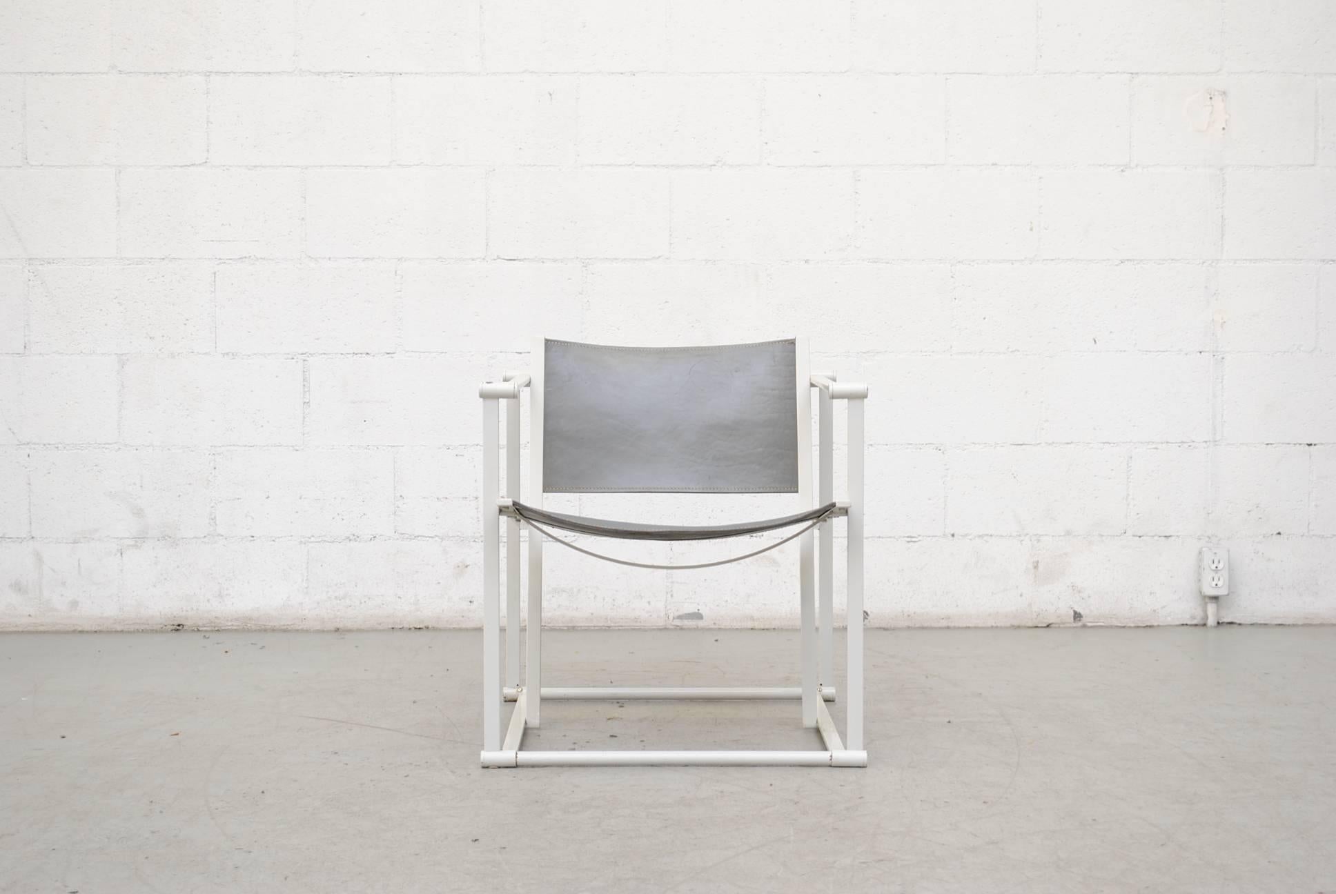 UMS Pastoe FM60, cubic lounge chair, designed in 1980 by Radboud van Beekum. Original white enameled steel cube frame with original grey leather seating. Both frames and seats are in original condition with visible wear. Set price.