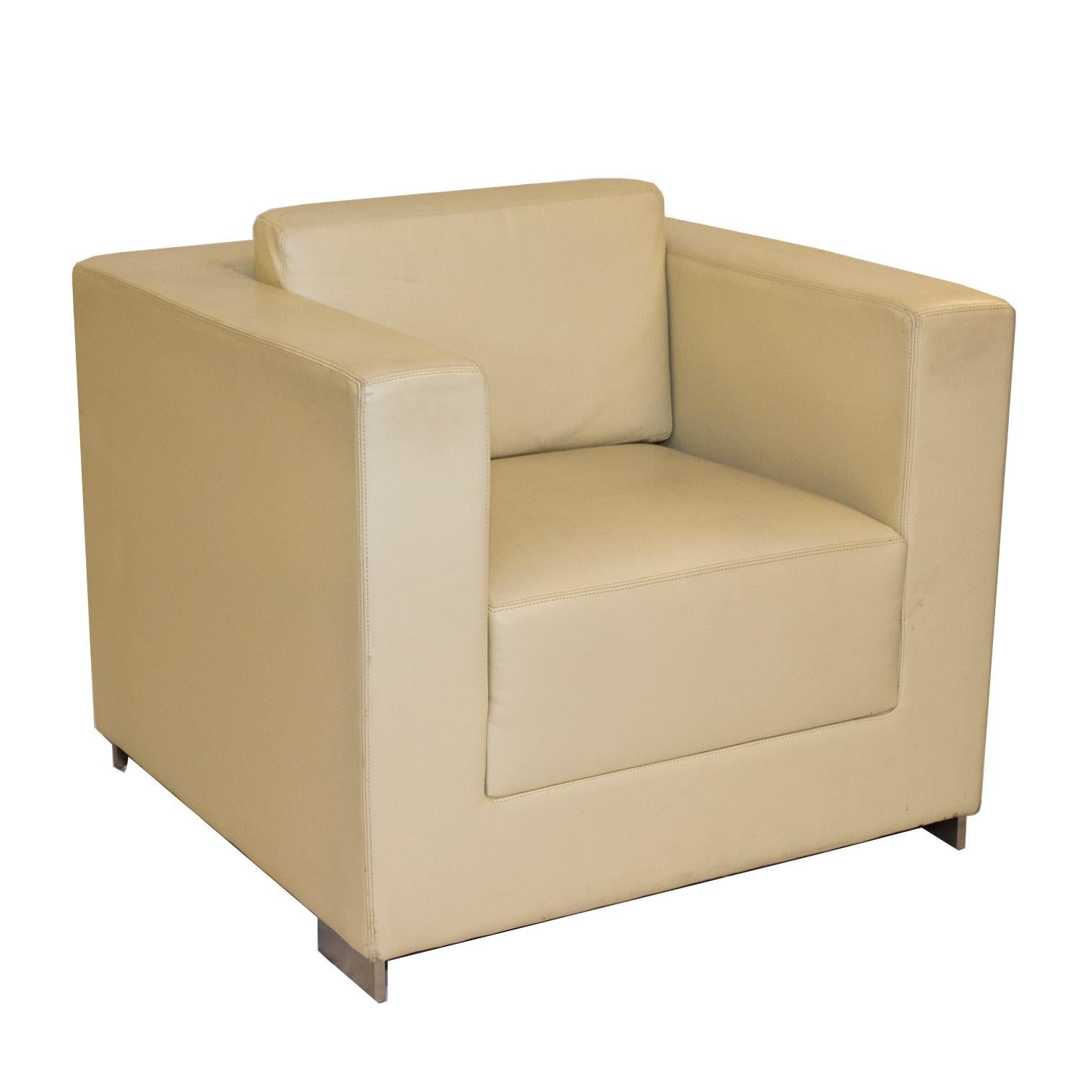 Art Deco Pair of Cube Lounge Chairs in Creme Leather by Bernhardt Furniture
