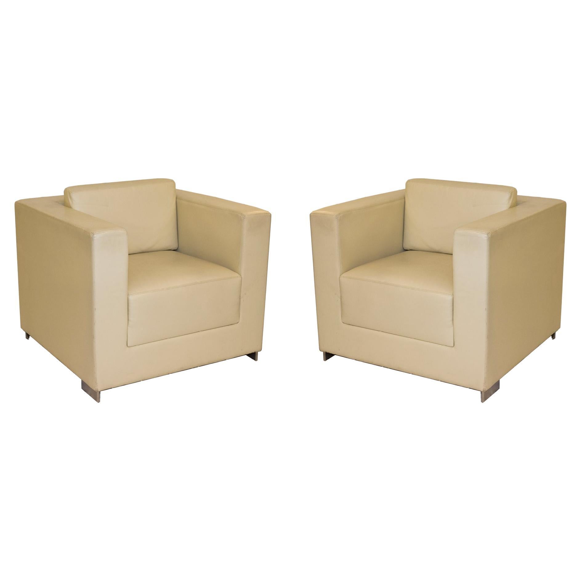 Pair of Cube Lounge Chairs in Creme Leather by Bernhardt Furniture