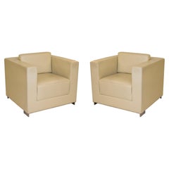 Pair of Cube Lounge Chairs in Creme Leather by Bernhardt Furniture
