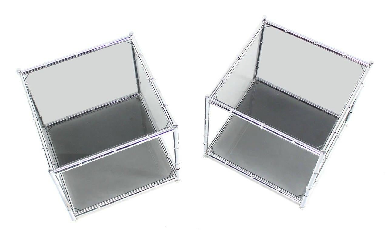 Italian Pair of Cube Shape Chrome Faux Bamboo Frame End Tables Smoked Glass Top MINT! For Sale