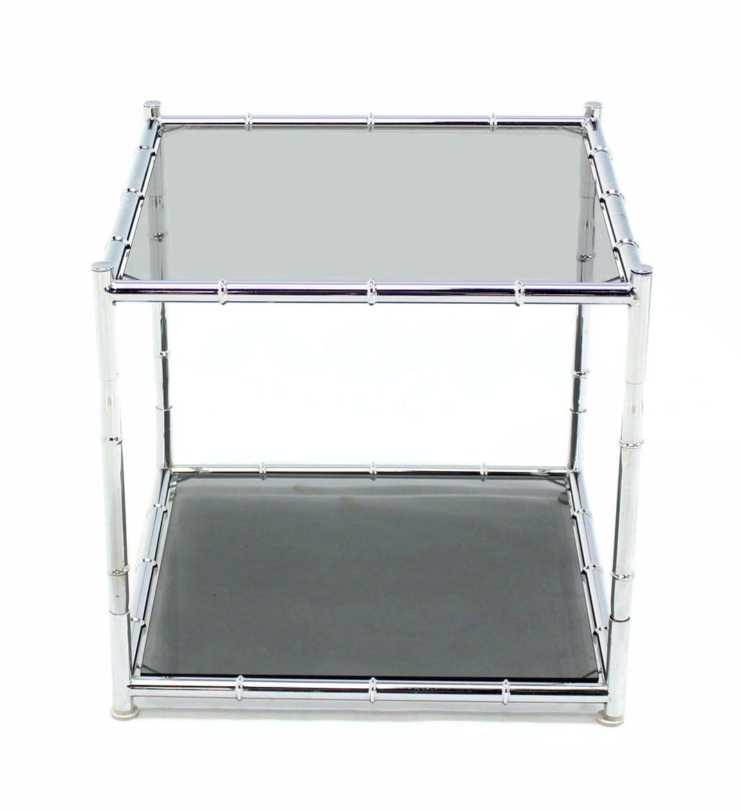 Metal Pair of Cube Shape Chrome Faux Bamboo Frame End Tables Smoked Glass Top MINT! For Sale