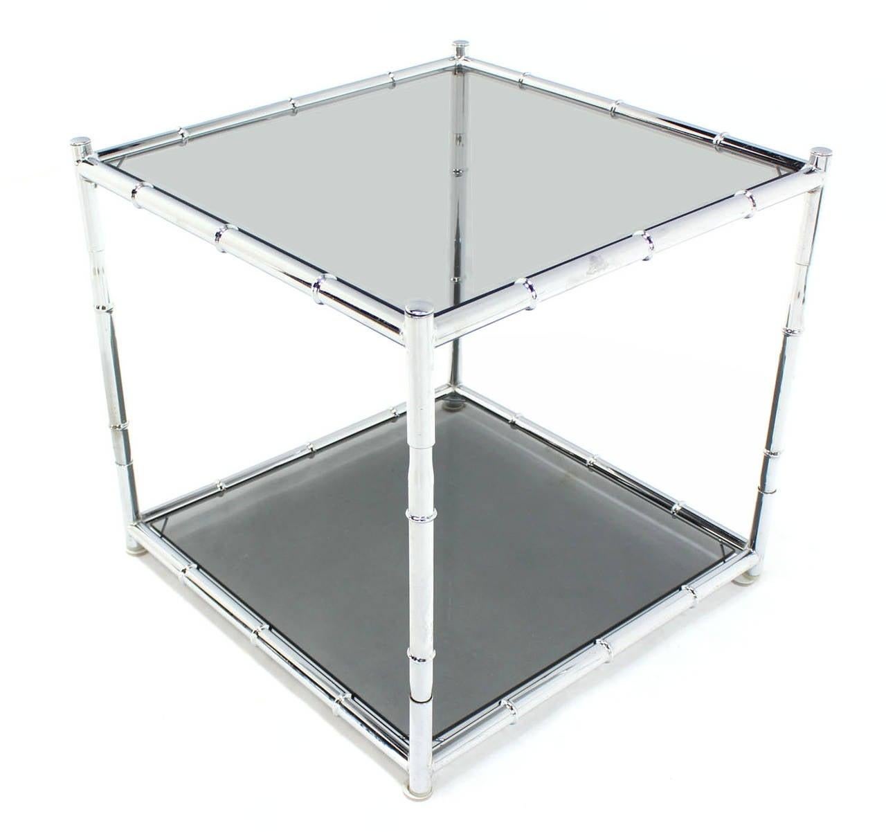 Pair of Cube Shape Chrome Faux Bamboo Frame End Tables Smoked Glass Top MINT! For Sale 2