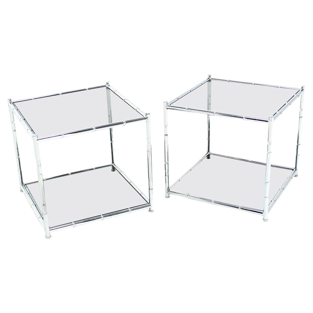 Pair of Cube Shape Chrome Faux Bamboo Frame End Tables Smoked Glass Top MINT! For Sale