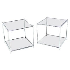 Vintage Pair of Cube Shape Chrome Faux Bamboo Frame End Tables Smoked Glass Top MINT!