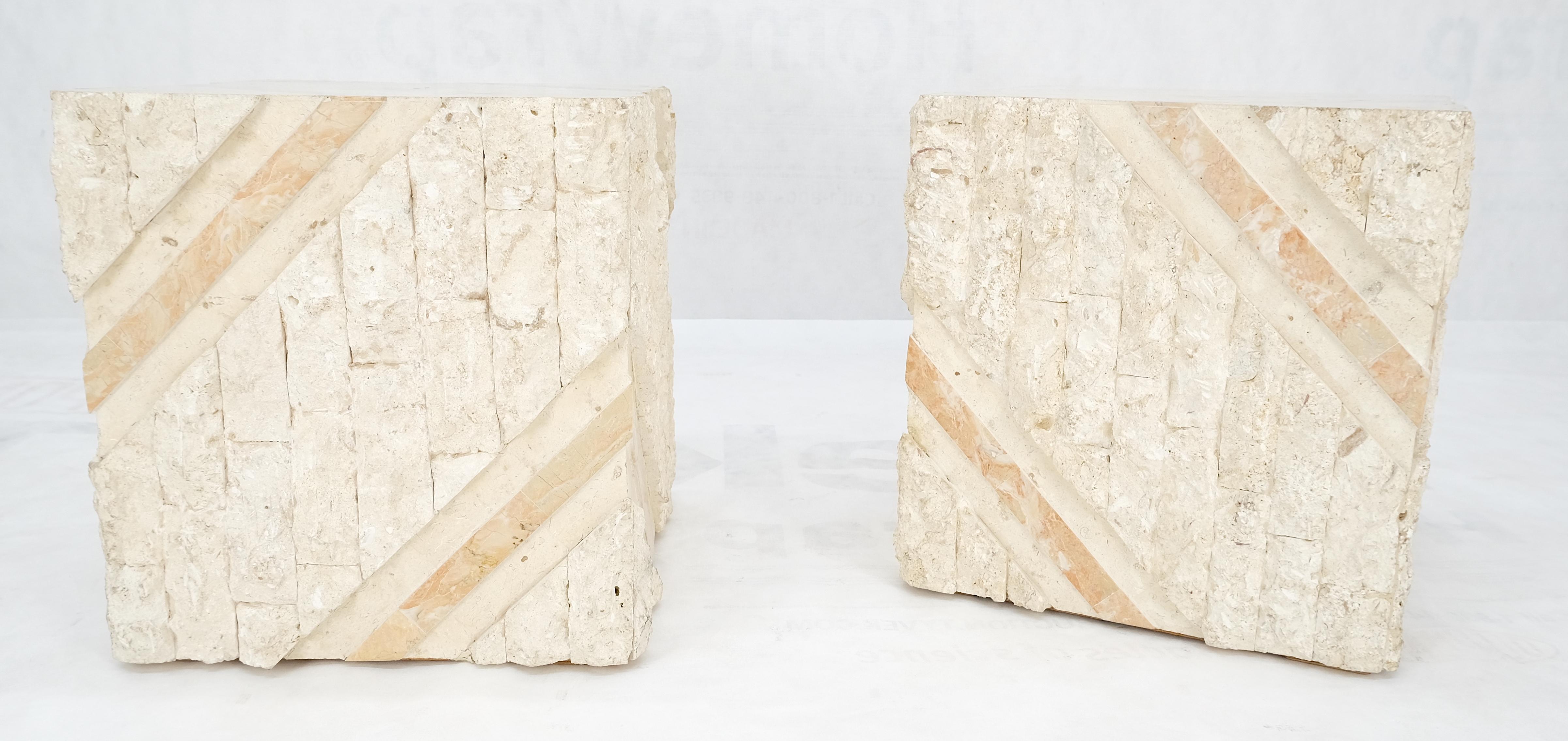 Veneer Pair of Cube Shape Tessellated Polished Marble End Tables Night Stands MINT! For Sale