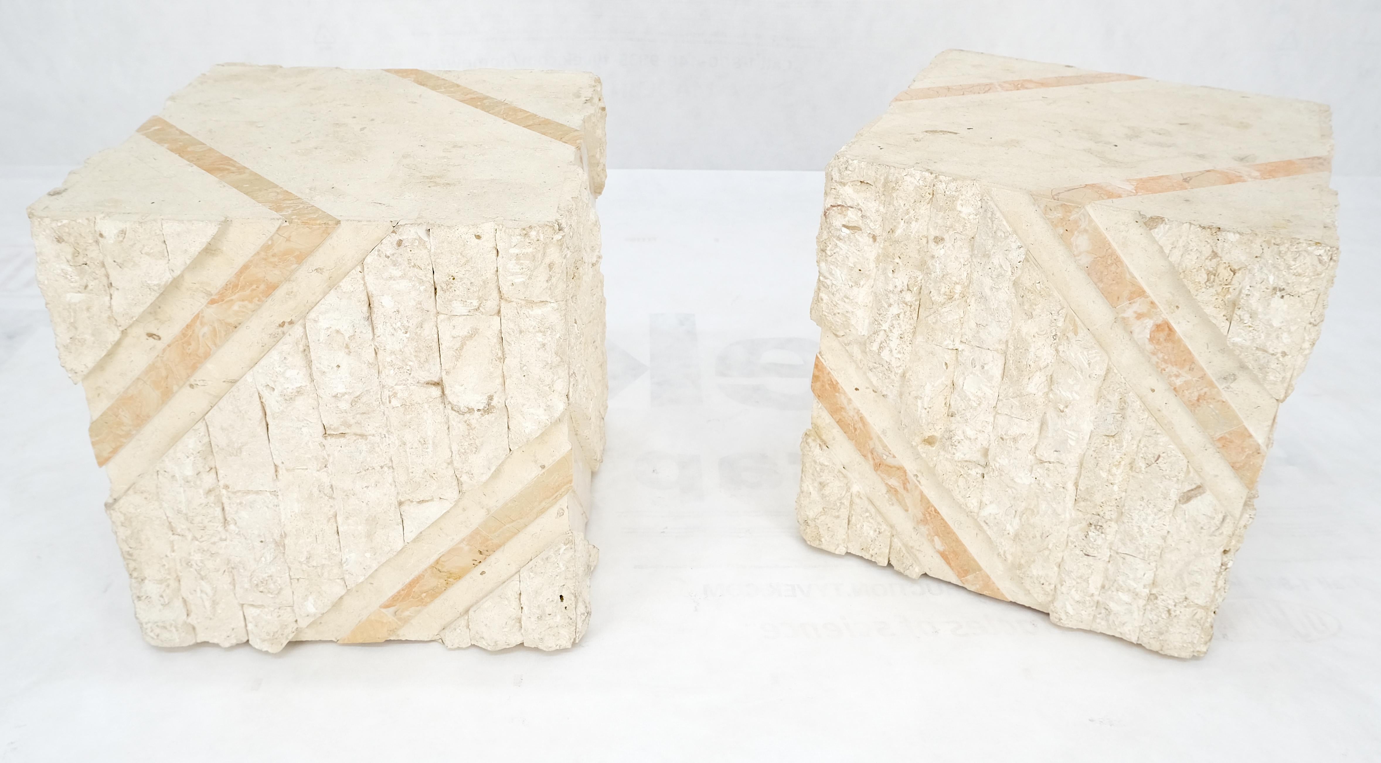 Pair of Cube Shape Tessellated Polished Marble End Tables Night Stands MINT! In Excellent Condition For Sale In Rockaway, NJ