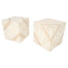 Pair of Cube Shape Tessellated Polished Marble End Tables Night Stands MINT!