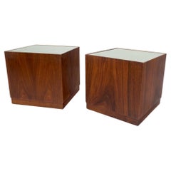 Pair of Cube Shape Walnut Mid-Century Modern End Side Occasional Tables Stands