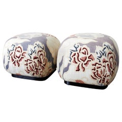 Pair of Cube Shaped Linen Ottomans or Poufs