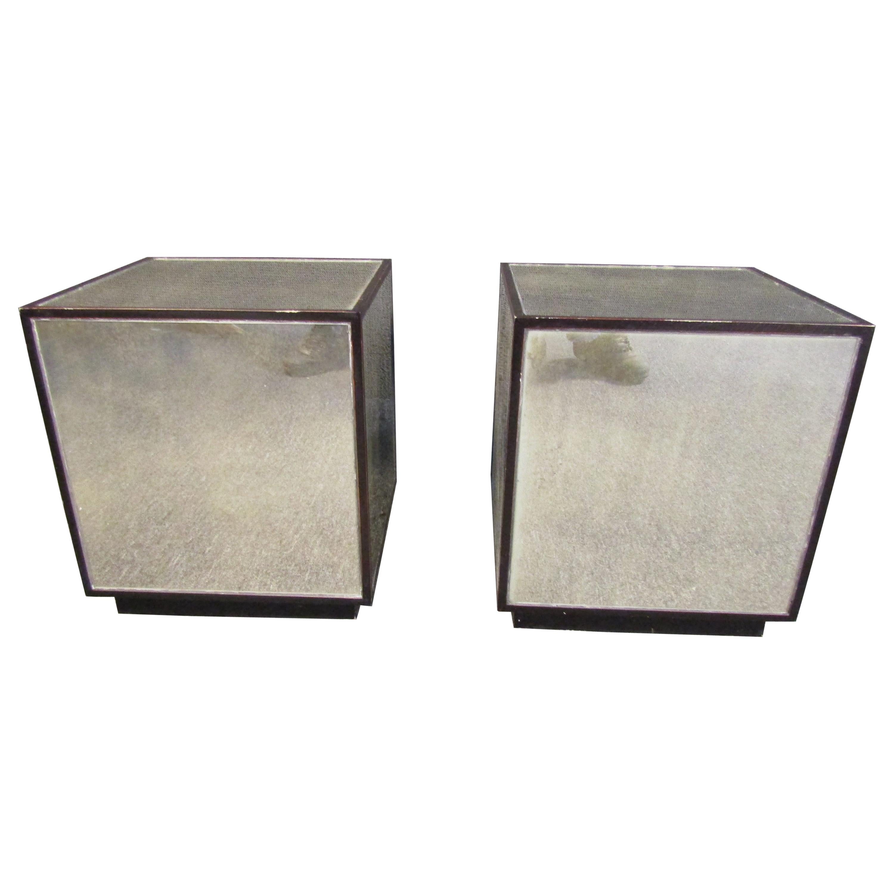Pair of Cube-Shaped Mirror End Tables