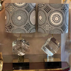 Pair of Cubic Clear Murano Glass Lamps with Our Lampshades Fornasetti Fabric, 70s