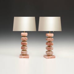 Pair of Cubic Form Pink Rock Crystal Quartz Lamps