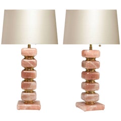 Pair of Cubic Form Pink Rock Crystal Quartz Lamps