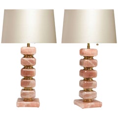 Pair of Cubic Form Pink Rock Crystal Quartz Lamps