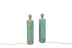 Pair of Cubic Lamps in Turquoise Patinated Brass, Contemporary Work