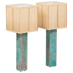 Pair of Cubic Lamps in Turquoise Patinated Brass, Contemporary Work