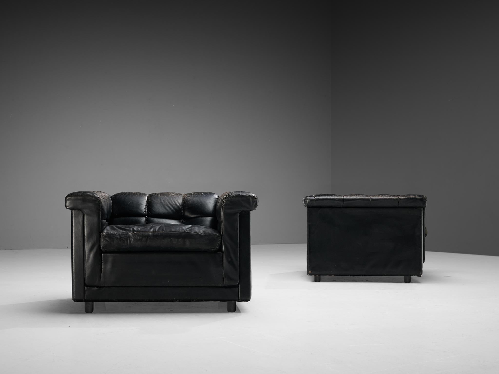 Late 20th Century Pair of Cubic Lounge Chairs in Black Leather  For Sale