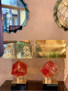 Pair of Cubic Orange Murano Glass Table Lamps with Brass Lampshades, 1980s