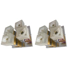 Pair of Cubic Sconces Brass Chrome Murano Glass by Sciolari, Italy, 1970s