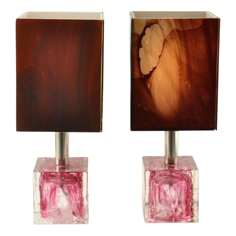 Pair of Cubic Table Lamps in the style of Poliarte in Pink Glass 1960 For Sale
