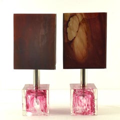 Pair of Cubic Table Lamps Poliarte Pink Glass 1960