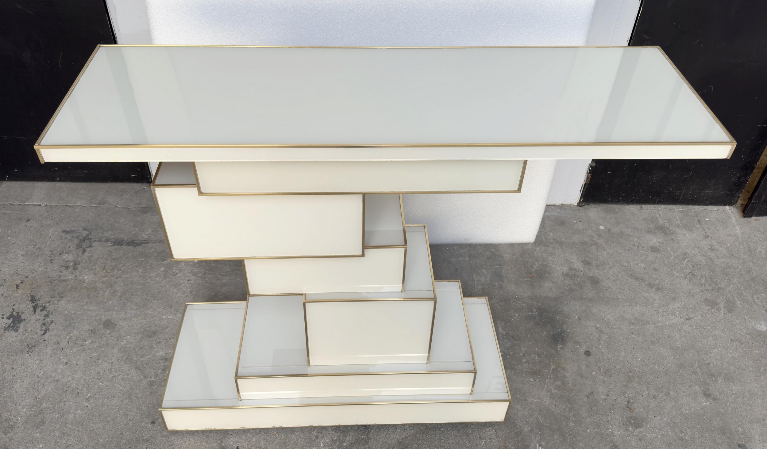 Art Deco Pair of ‘cubist’ consoles in glass and brass Murano, Italy, circa 2020 For Sale