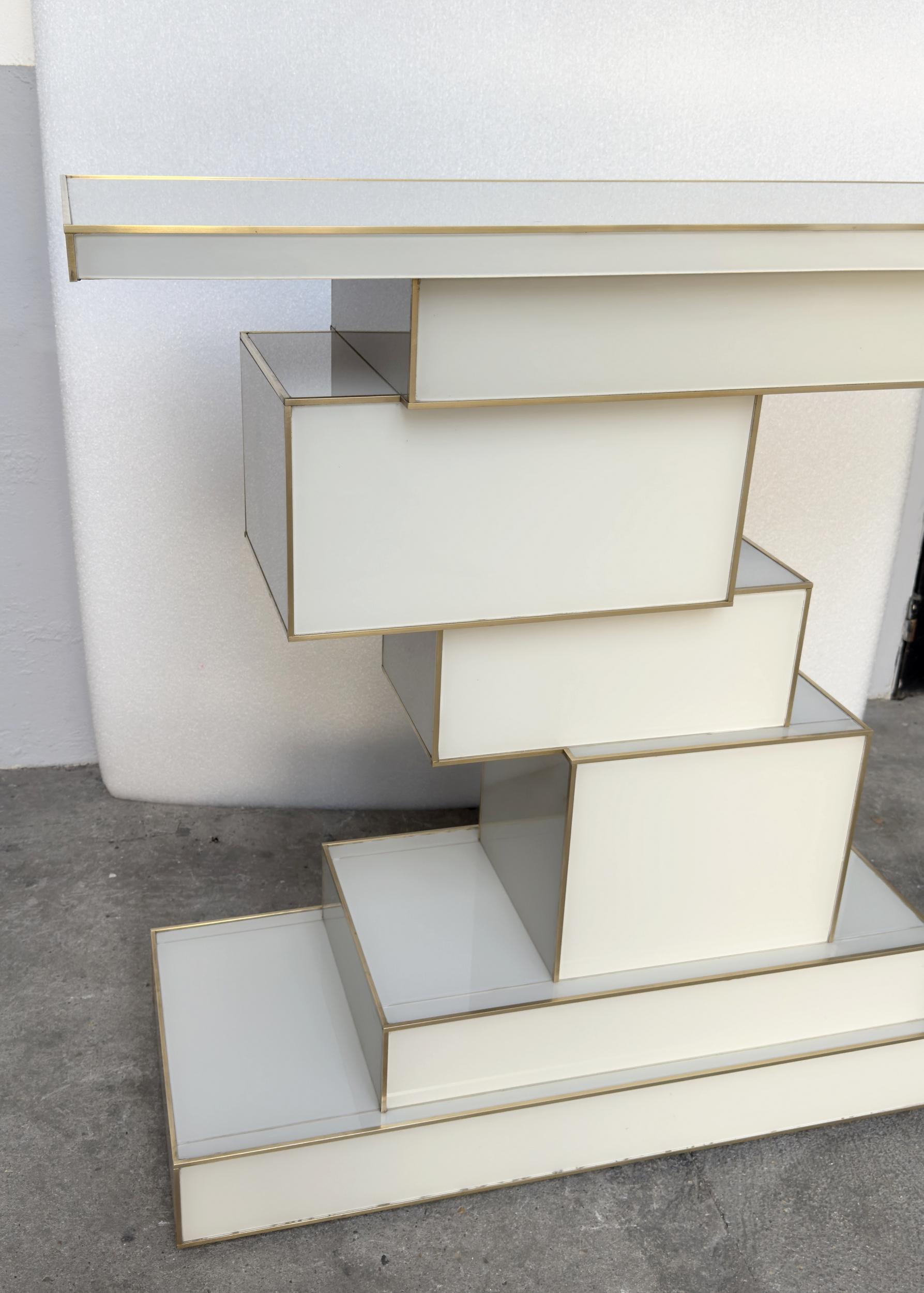 Italian Pair of ‘cubist’ consoles in glass and brass Murano, Italy, circa 2020 For Sale