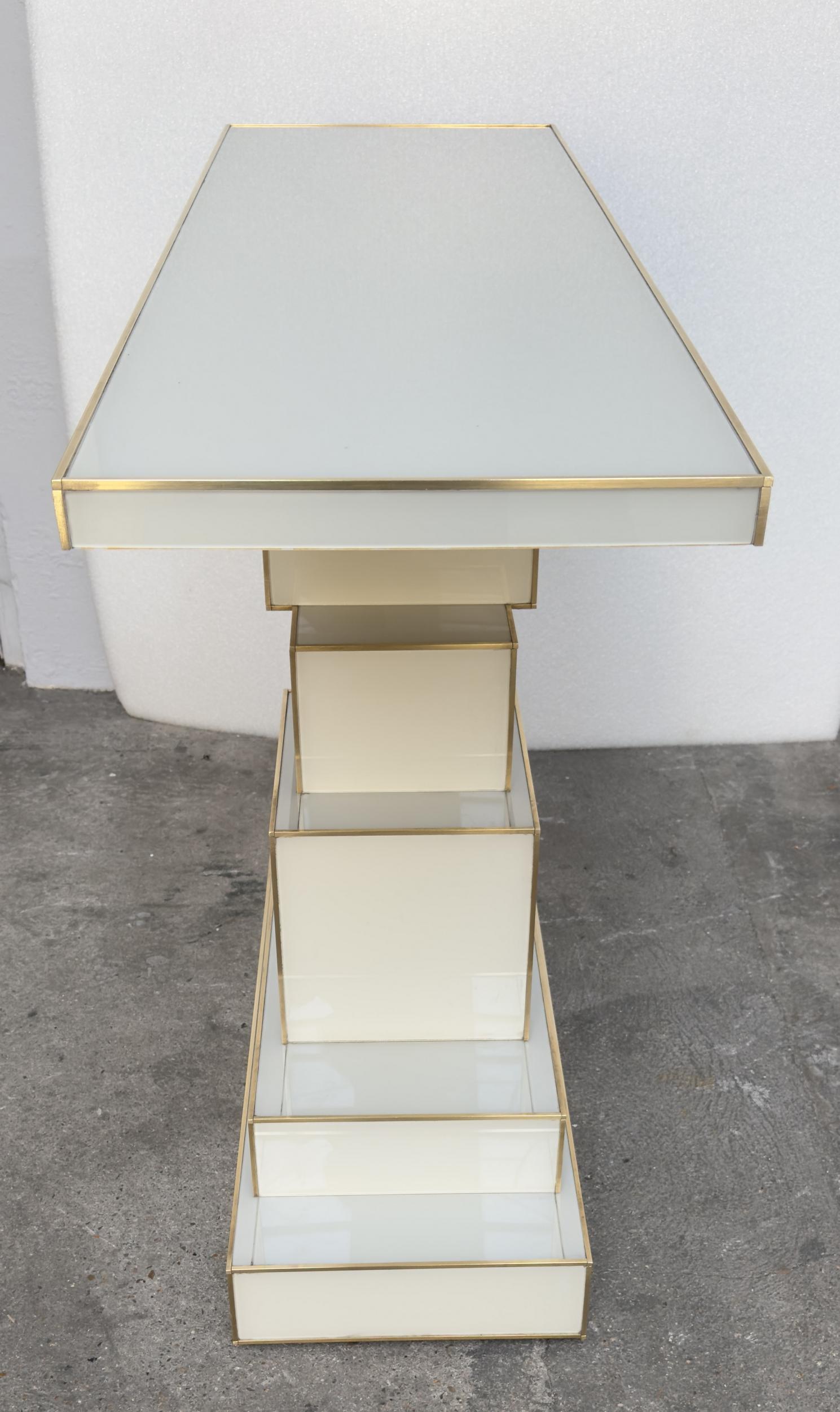Brass Pair of ‘cubist’ consoles in glass and brass Murano, Italy, circa 2020 For Sale