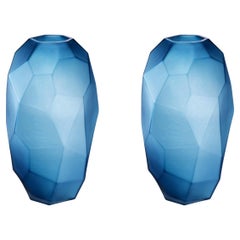 Pair of Cubist inspired geometric Mantle Vases - Blue Glass Mid Century Style