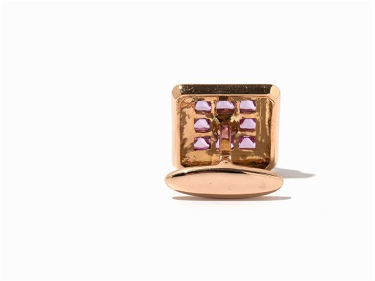 Princess Cut Pair of Cufflinks with Pink Sapphires, 750 Rose Gold For Sale