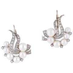 Pair of Cultured Pearl and Diamond Earrings