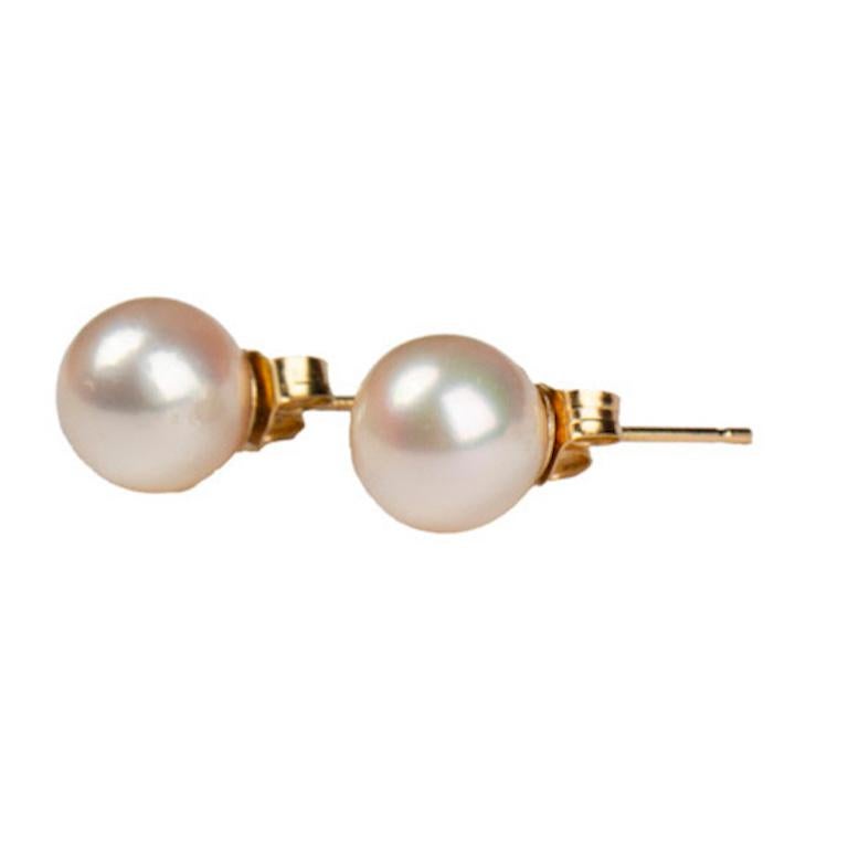 Bead Pair of Cultured Pearl Yellow Gold Earrings, 7.7 mm For Sale
