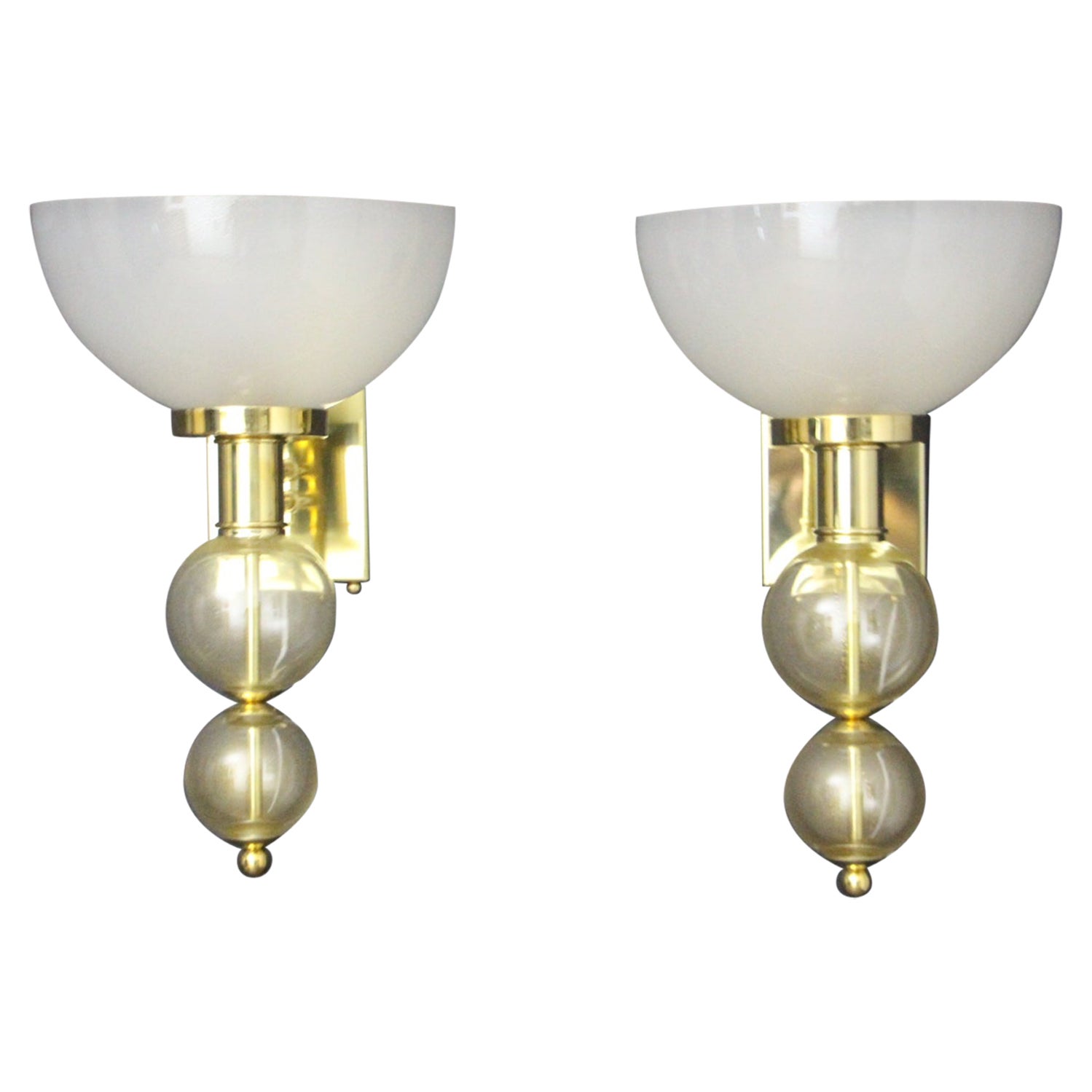 Pair of Cup Sconces in Ivory and Gold Murano Glass, Art Deco Beige Wall Lights For Sale