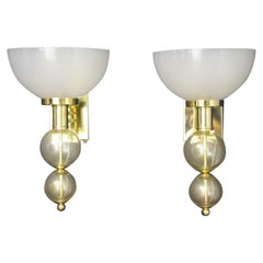 Pair of Cup Sconces in Ivory and Gold Murano Glass, Art Deco Beige Wall Lights