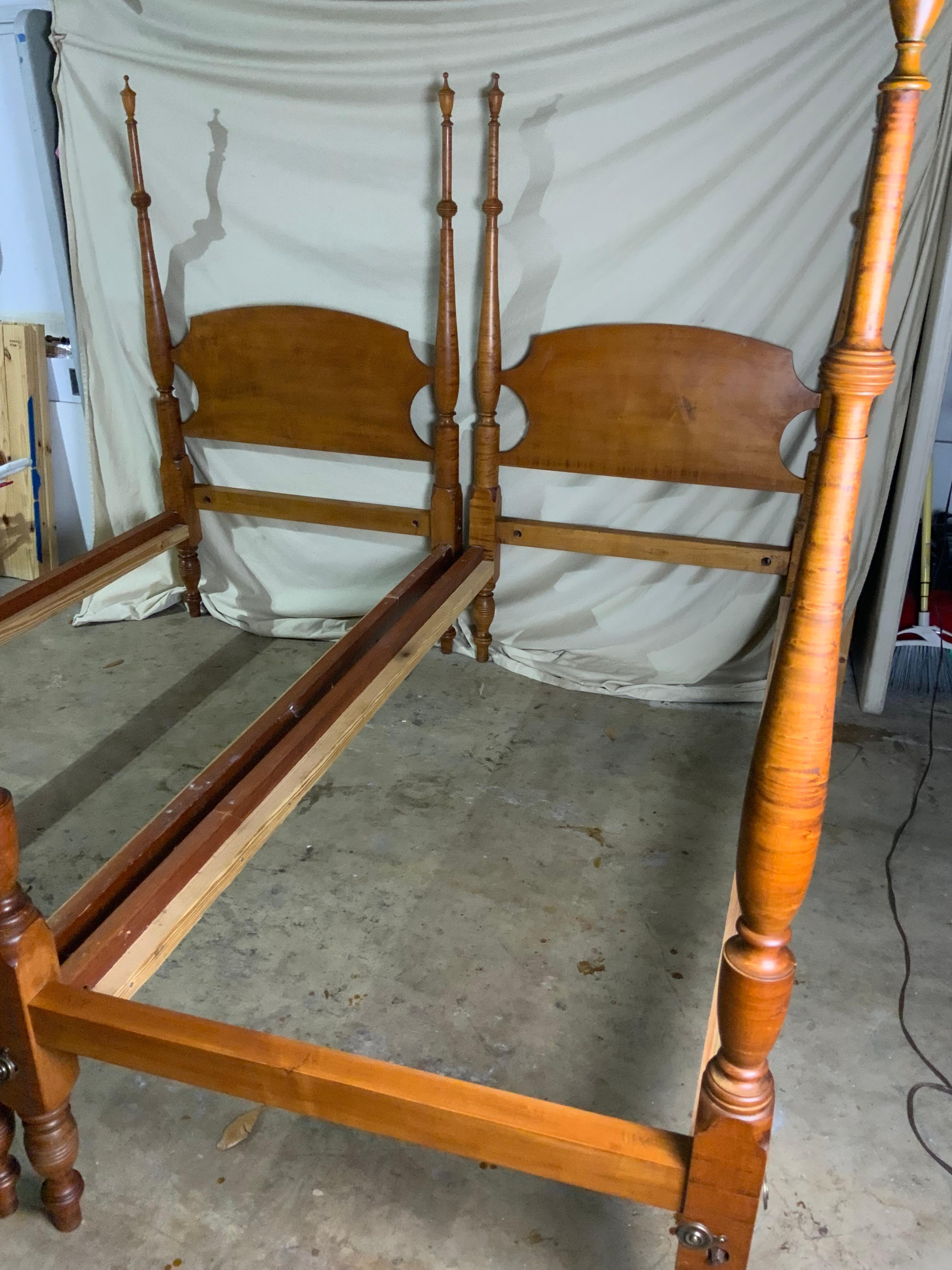 American Pair of Curly / Birdseye Maple Twin Poster Beds