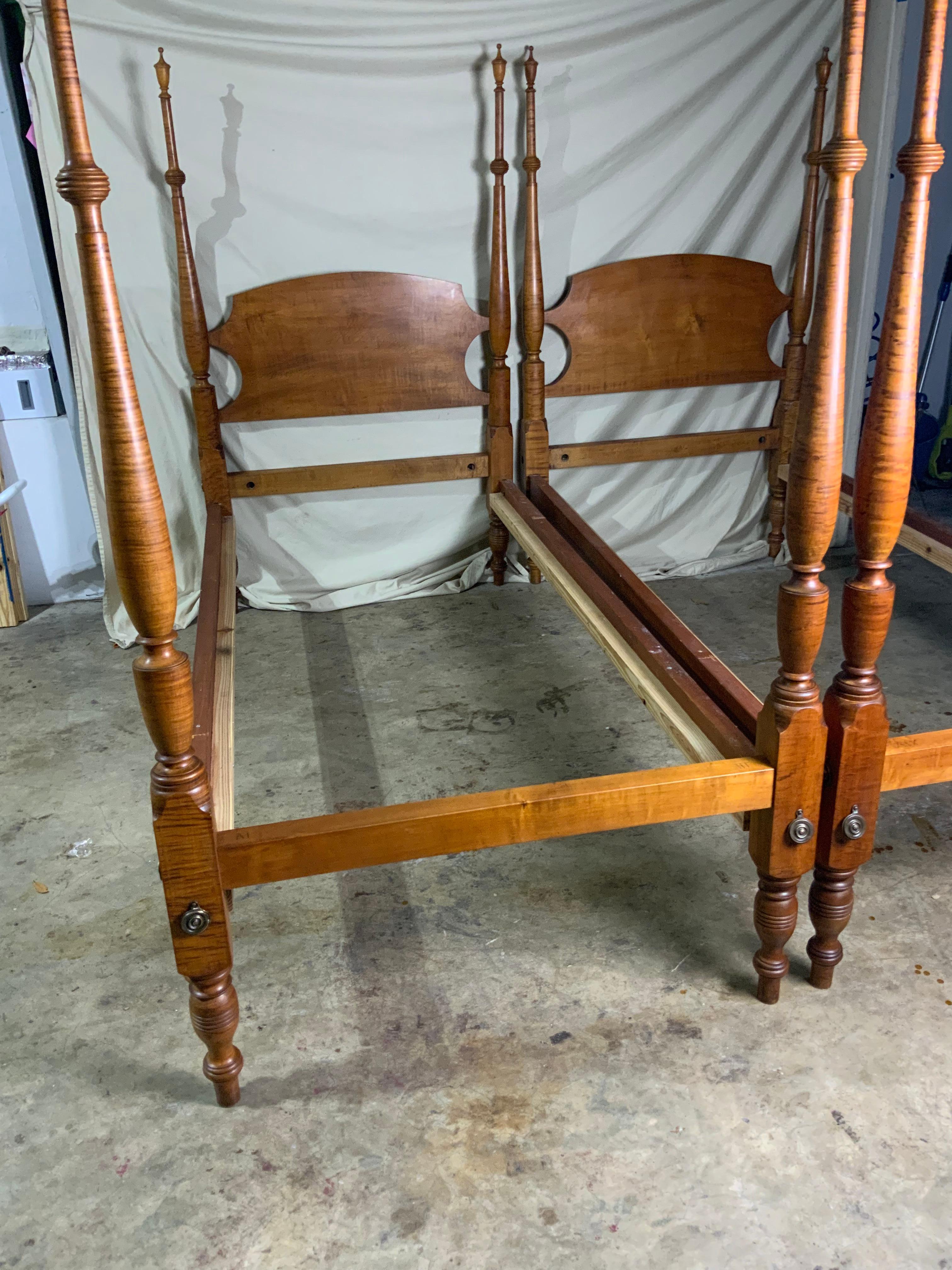Late 19th Century Pair of Curly / Birdseye Maple Twin Poster Beds