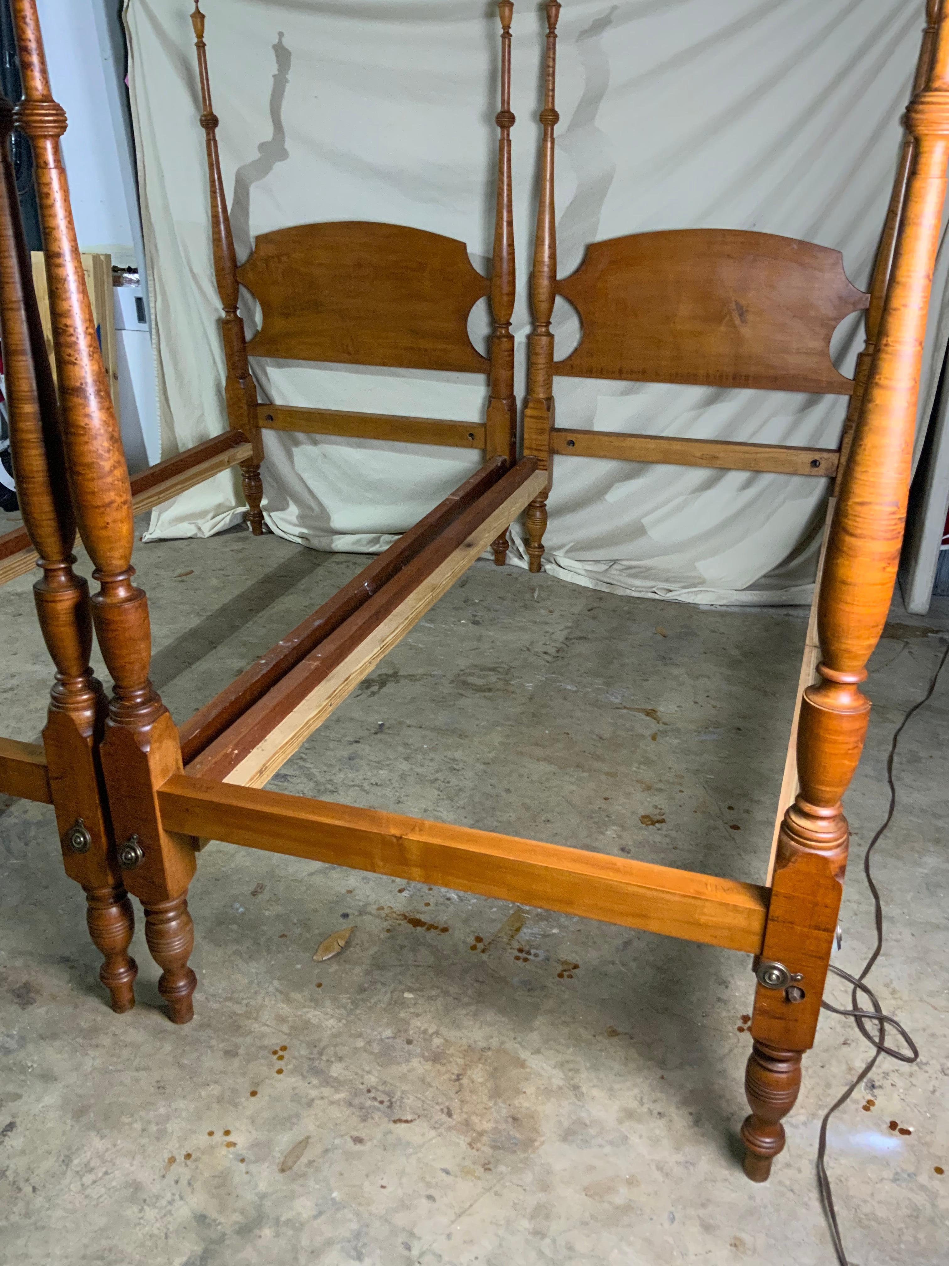 Pair of Curly / Birdseye Maple Twin Poster Beds 3
