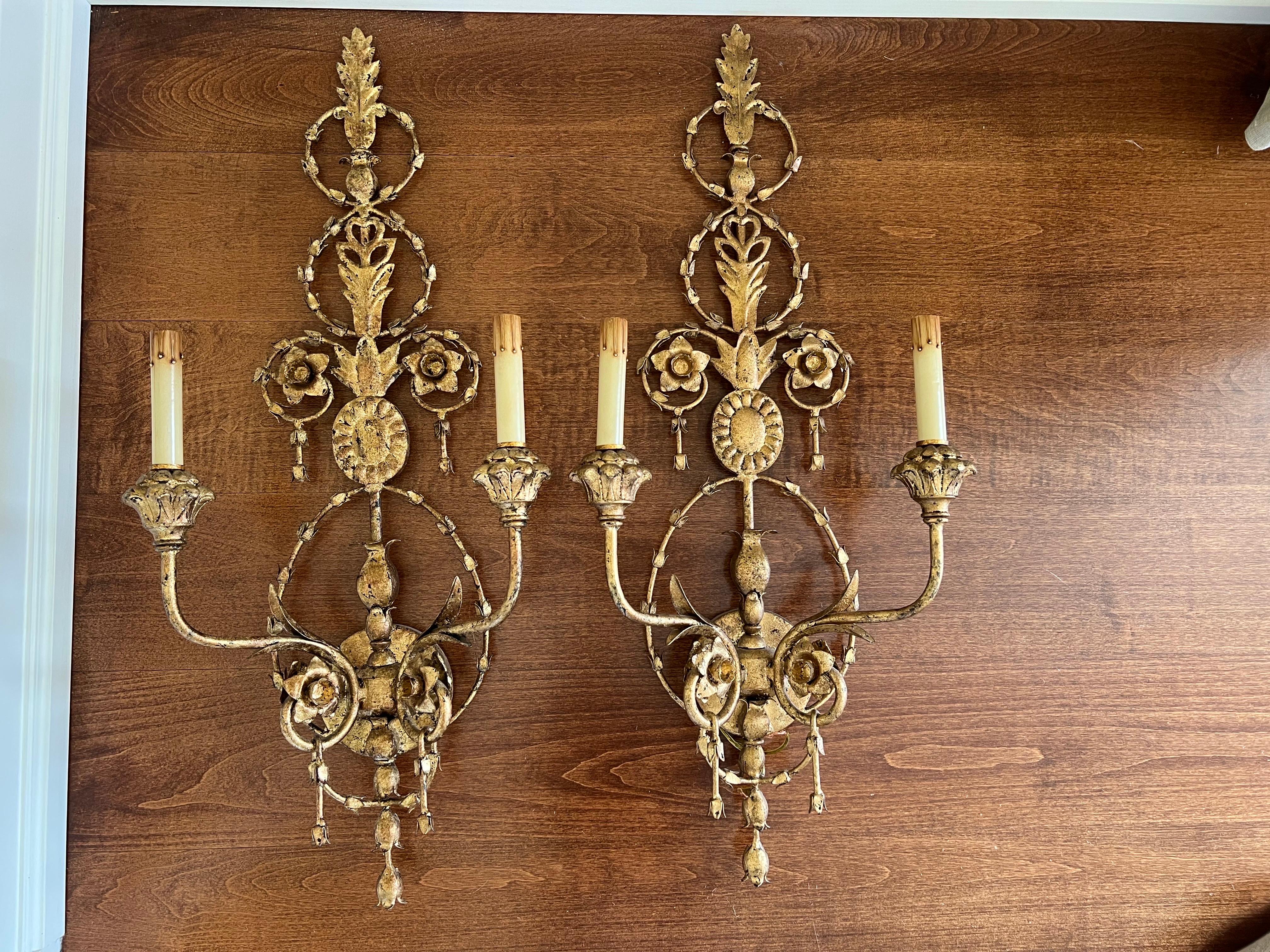Metal Pair of Currey and Company Neoclassical Gilt Sconces