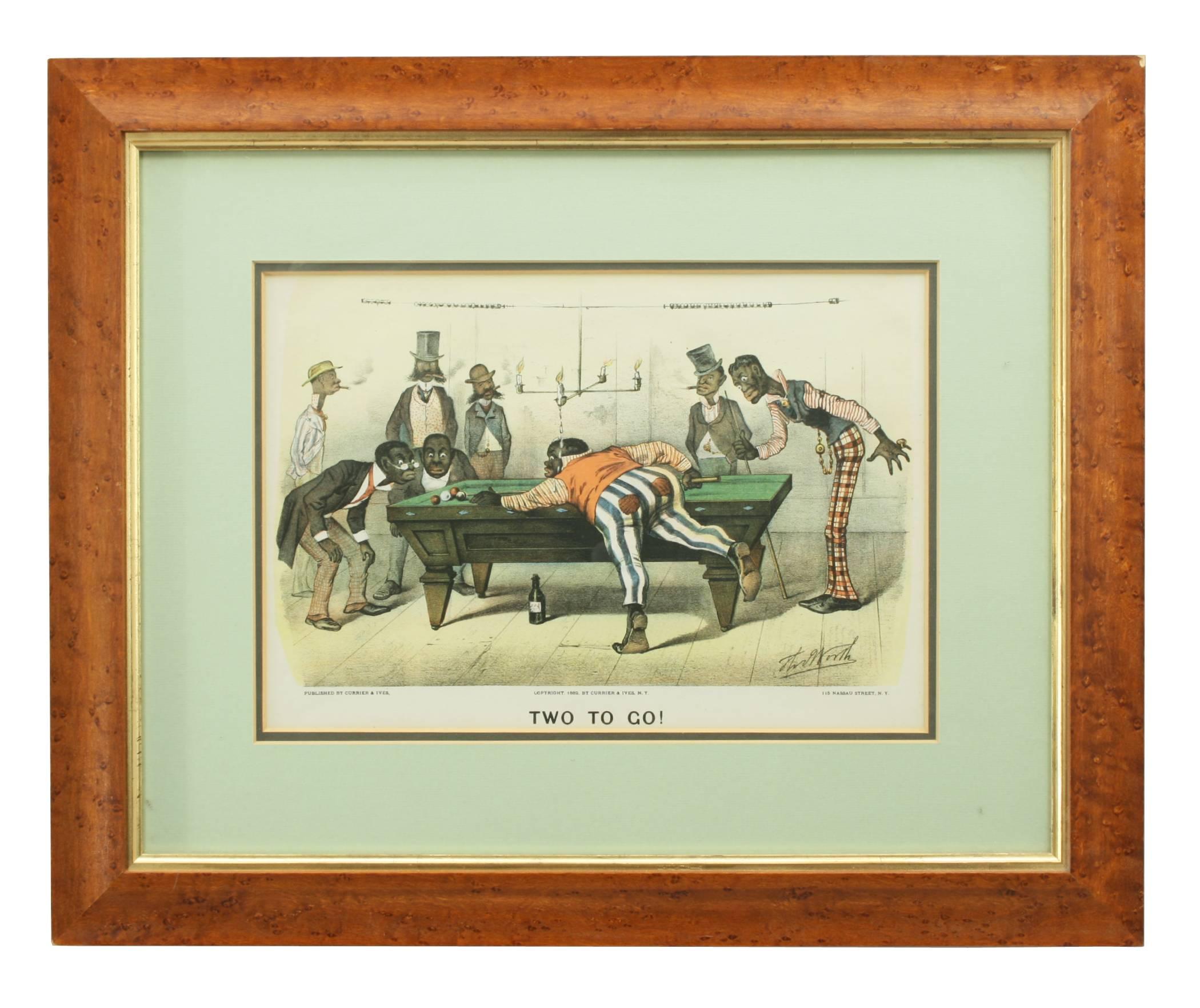 Currier & Ives 'Darktown Series' lithographs. 
A pair of original coloured billiard lithographs by Currier & Ives of America. Published in 1882 these cartoon characters came from the 'Darktown Series' of lithographs and reflected social attitudes