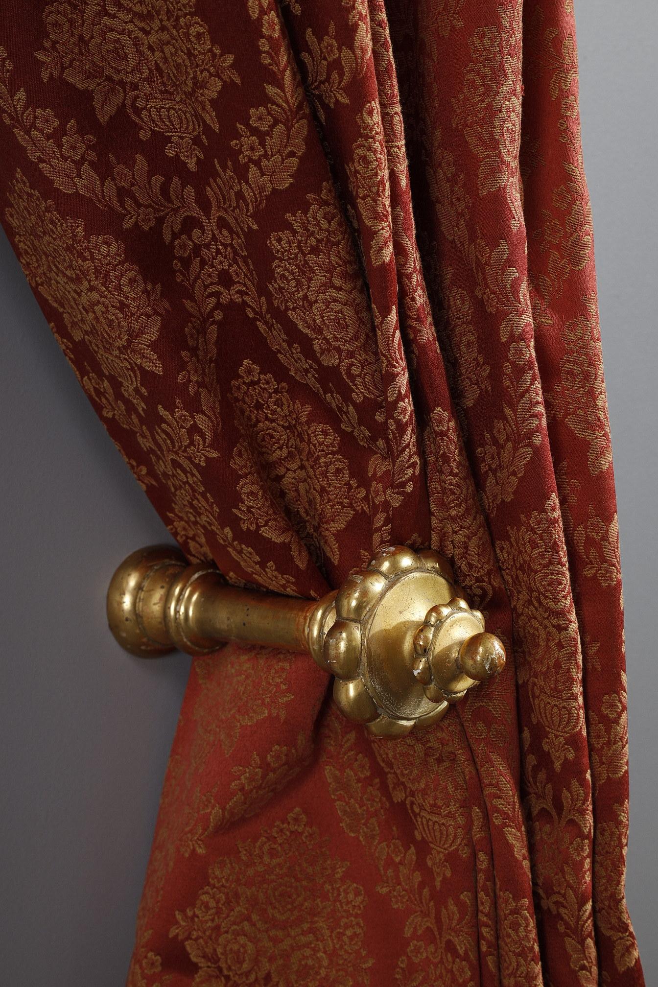 Pair of Curtains and Valance in Red Brocade with Gilded Wood Railing 8