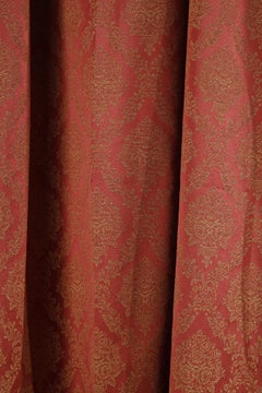 Pair of Curtains and Valance in Red Brocade with Gilded Wood Railing