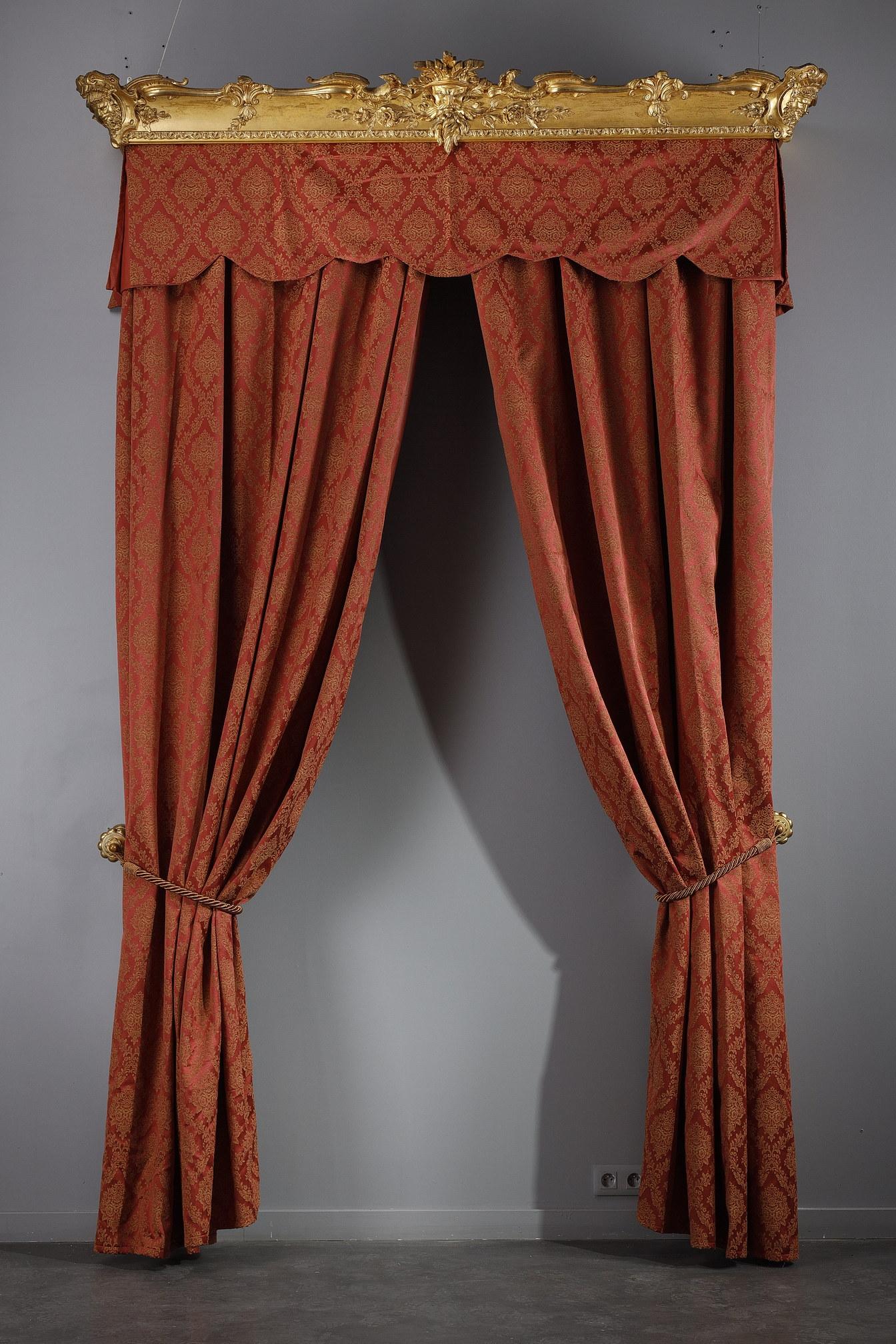 French Pair of Curtains and Valance in Red Brocade with Gilded Wood Railing