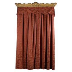 Pair of Curtains and Valance in Red Brocade with Gilded Wood Railing